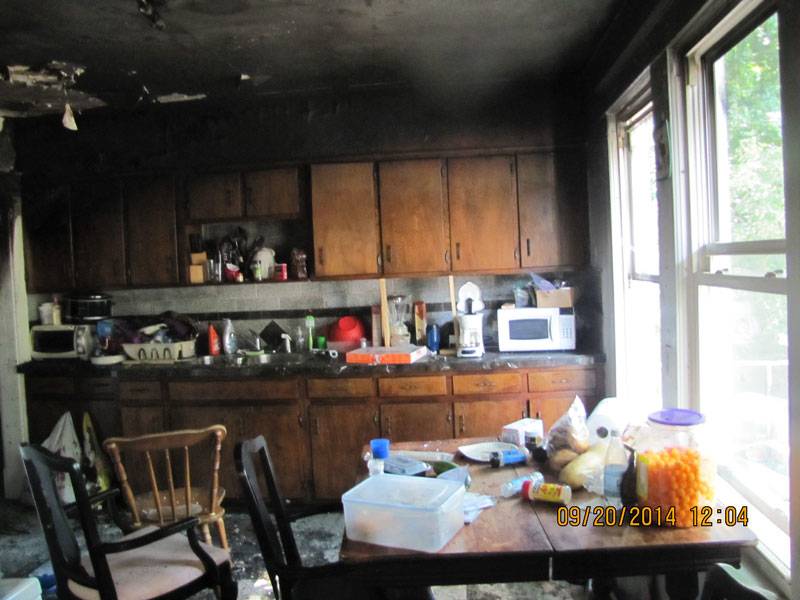 Interior of a kitchen after a house fire